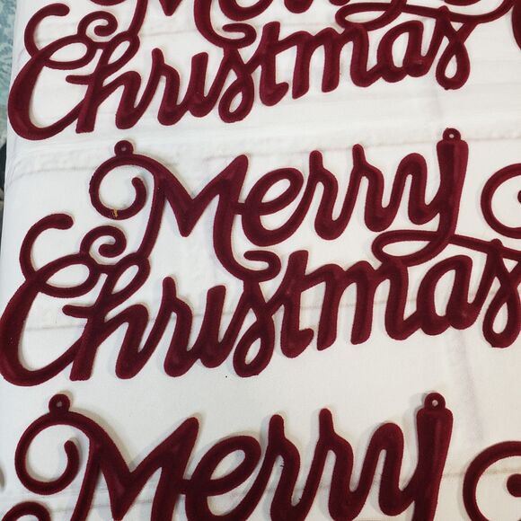 NEW Lot of 12 Red Burgundy Flocked Cursive Merry Christmas 9" Craft Sign Decor - Picture 6 of 8